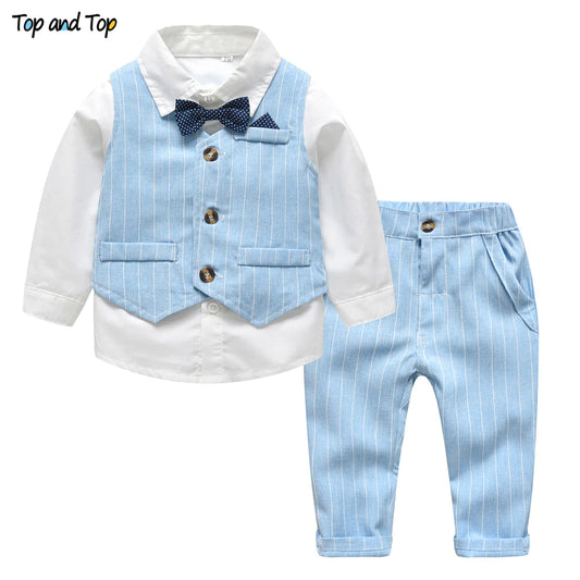 Spring&Autumn Baby Boy Gentleman Suit White Shirt with Bow Tie+Striped Vest+Trousers 3Pcs Formal Kids Clothes Set